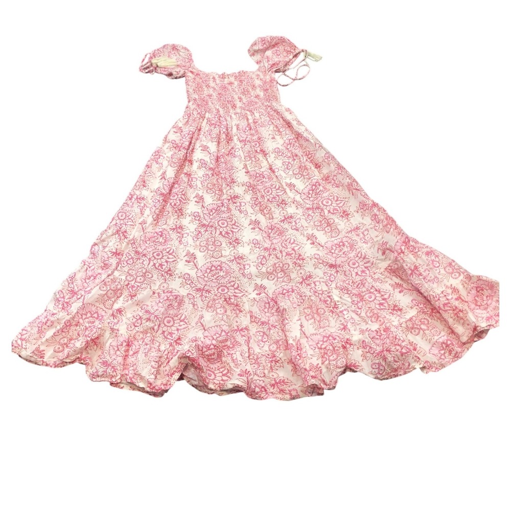Perry Walker Collective Dress Womens S Pink Floral Smocked Puff Sleeve Midi